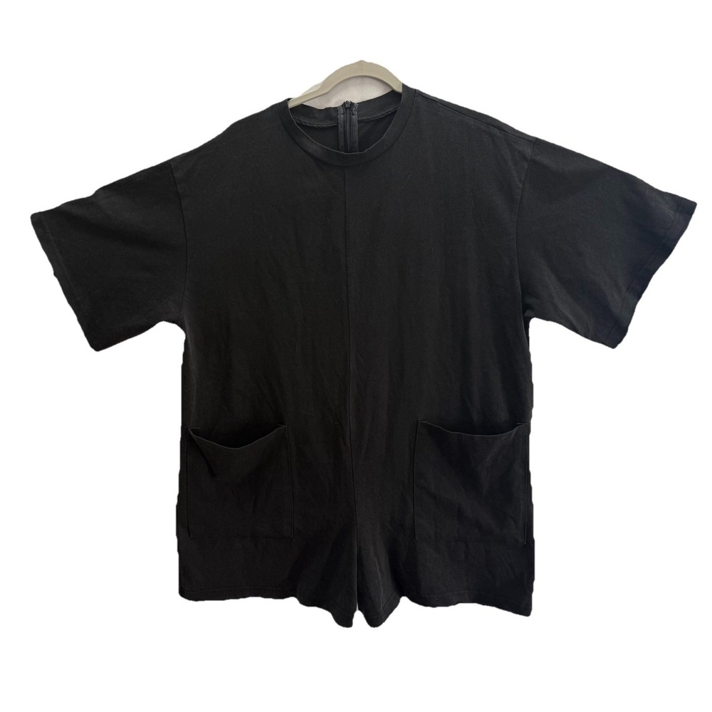 zhengruyi Black Solid Pocket Women Romper S Regular Short Sleeve Crew‎ Neck.